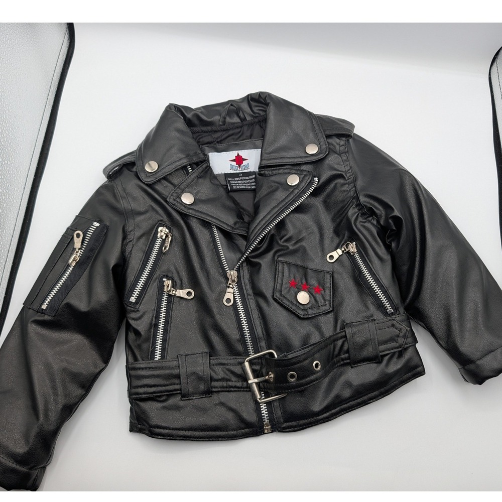 Bike Star Kids Faux Leather Motorcycle Jacket Black Eagle USA Patch 2T